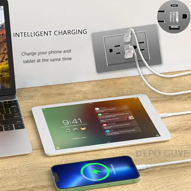 American Standard Grey PC Usb Type-c Power Outlet,Home Wall 2way Electrical Light Switch Panel,US Mexico Double USB Socket Plug image 3