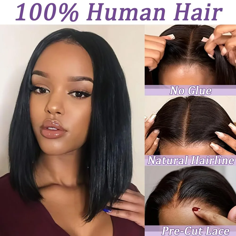 装着してすぐ使えるグルーレスウィッグ人毛プレプラッキング済みプレカット5x5 HDレースクロージャーボブウィッグストレートショートボブウィッグ人毛