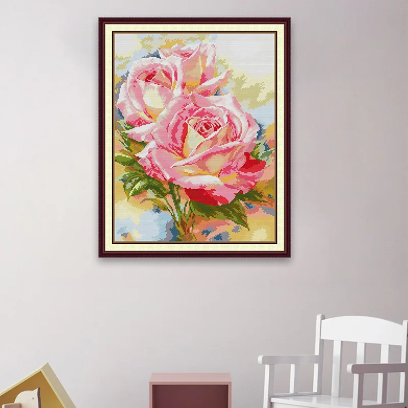 

Soulgift New Pre-Printed Cross Stitch Kit, Stamped 9CT/11CT/14CT/16CT DMC Threads, Embroidery kit - Two pink roses.