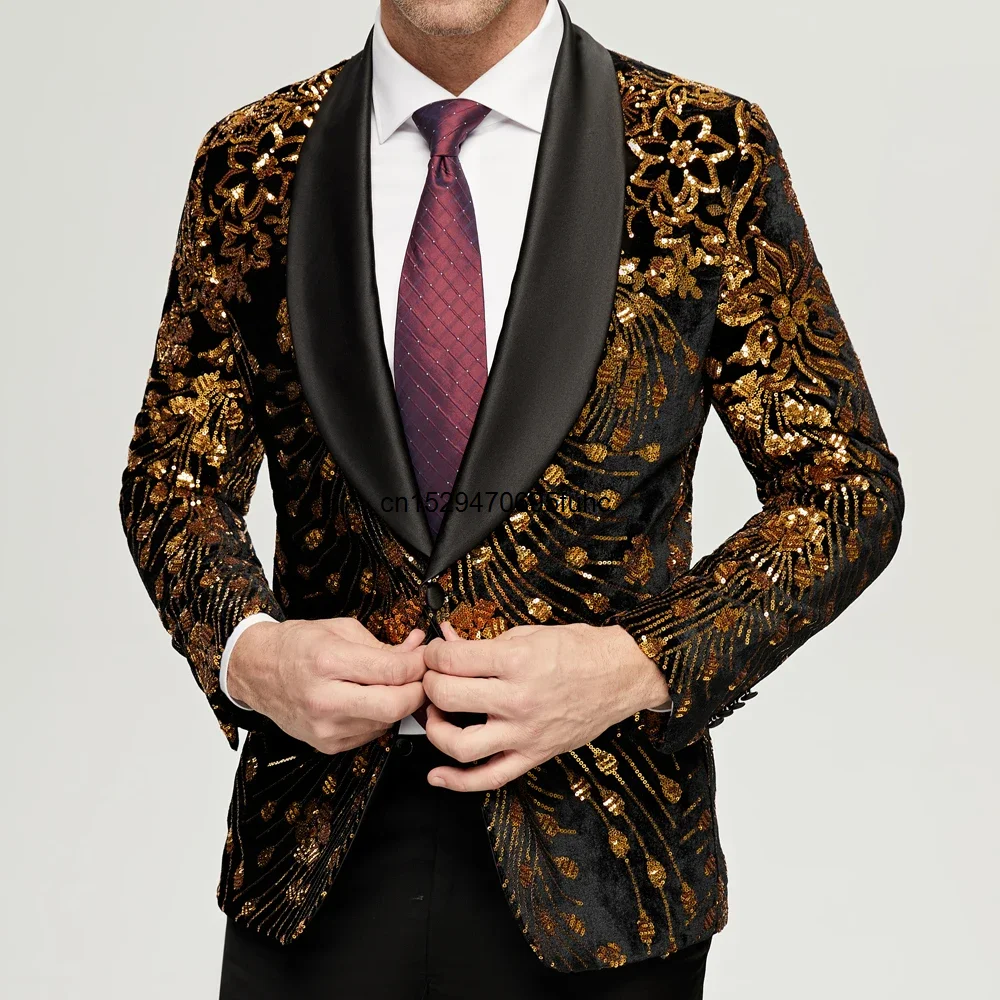 Men\'s Gold Sequin Blazer Jacket Men 2023 Fashion Slim FIt One Button Dress Suit Blazer Male Party Wedding Stage Costume Homme