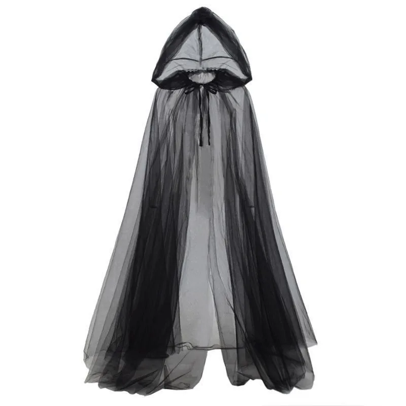 Halloween Cape Cos Long Mesh Hooded Cool Personality Cape Dark Wind Witch Skeleton Costume