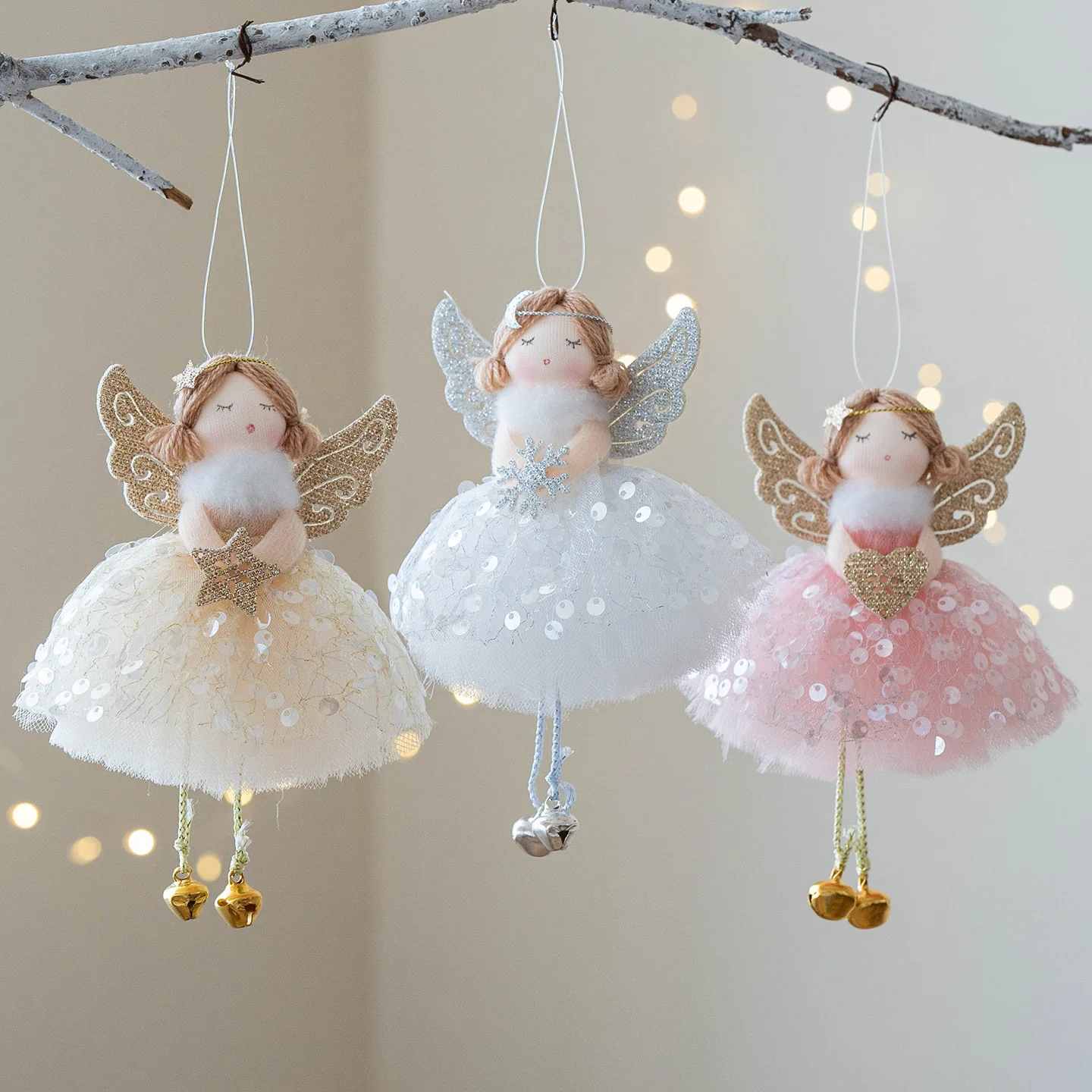 10pcs/lot  Angel Doll Hanging Christmas Ornaments Glitter Wing Tulle Skirt With Bell Xmas Tree Hanging Decor Photography Prop