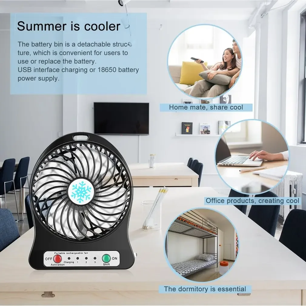 Portable Mini LED Fan Air Cooler Battery Operated USB Charging Desktop 3 Mode Speed Regulation LED Lighting Function Mini fans