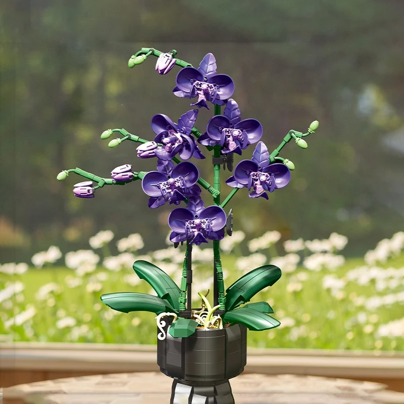 

Building blocks orchid girl desktop ornaments, DIY artificial flower assembly model, office home decoration ornaments