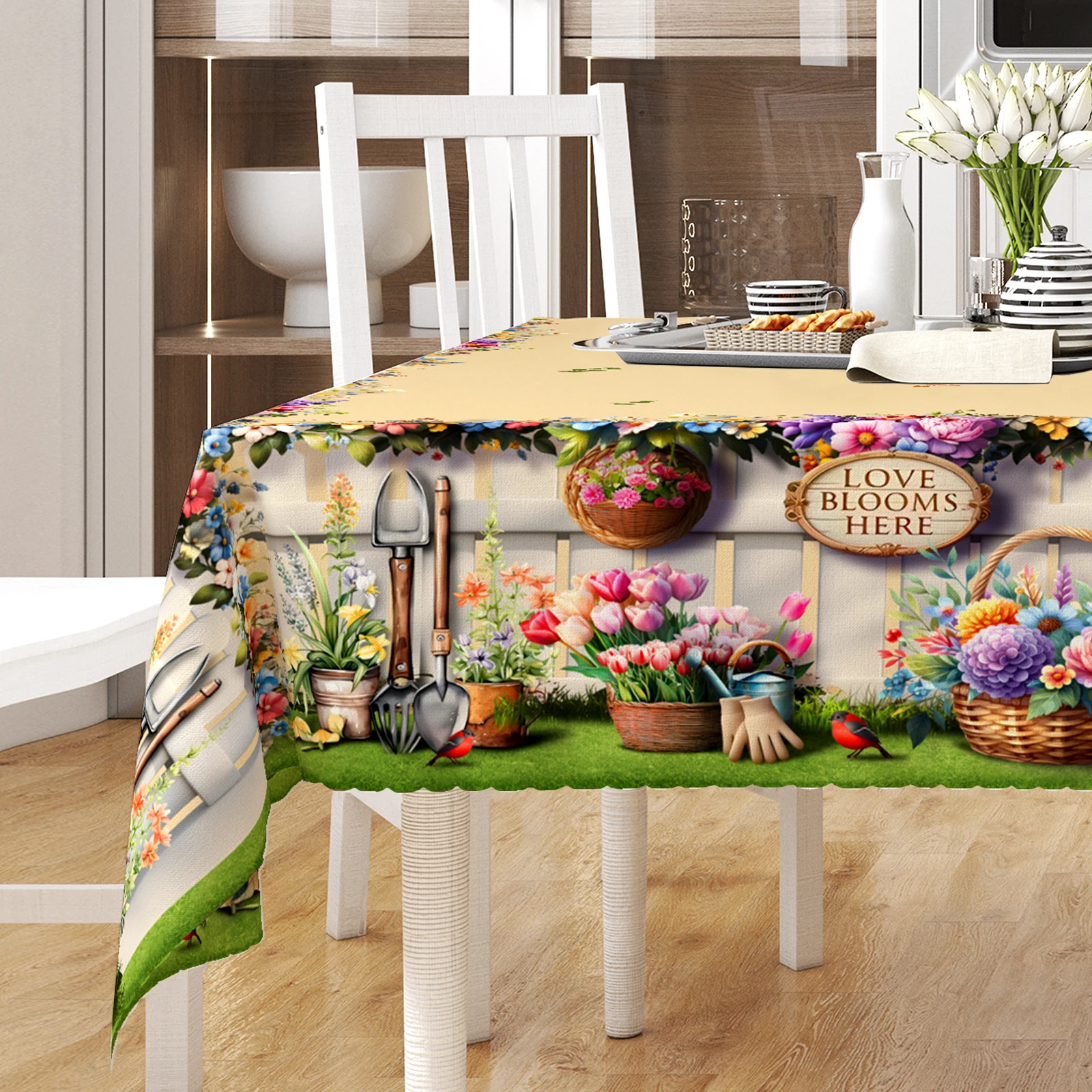 Spring Floral Themed Tablecloth, with Tulips and Other Flowers, Cute Birds, Flower Baskets, Butterflies and Other Printed Patterns, Multiple Size Options, Embossed Edges, Waterproof, Wrinkle-Resistant, Fade-Resistant, Perfect Gift for Family and Friends, Rectangular and Round Table Covers, Suitable for Spring, Summer, Autumn and Winter, for Home Kitchens, Rooms, Courtyards, Balconies, Picnics, Cafes, Restaurant Tables H182