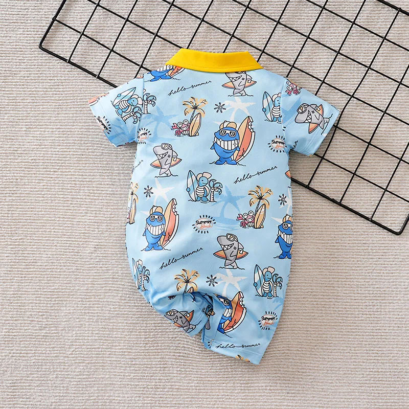 Beach Vacation Baby Romper Short Sleeve Cute Shark Surfing Graphic Polo Jumpsuit Infant Boys Cute Playsuit