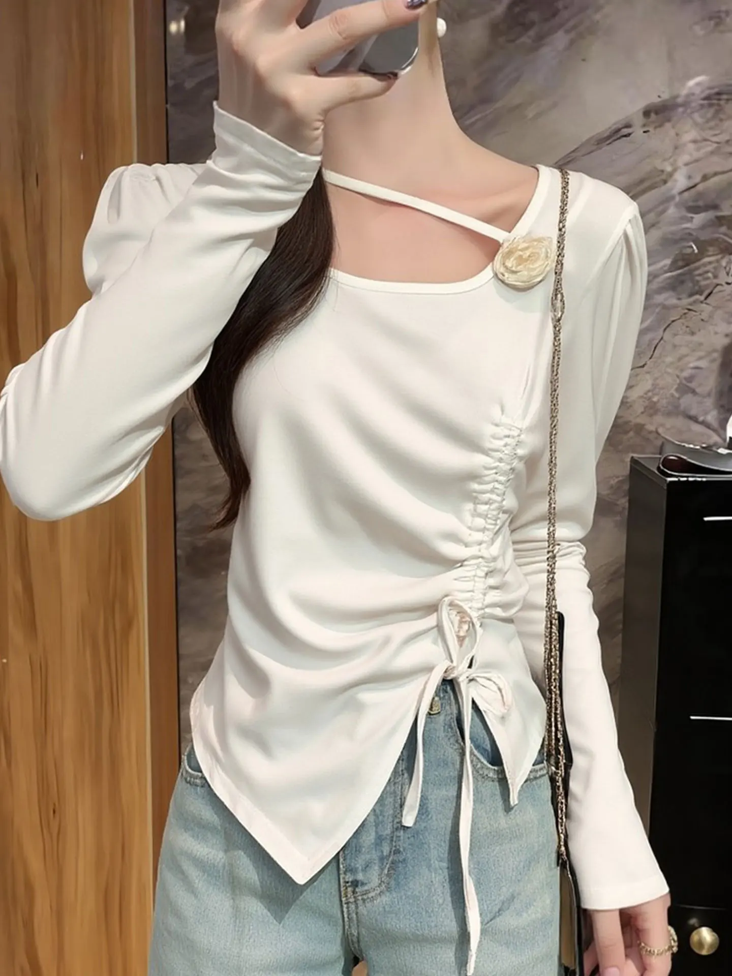 

Женская корейская футболка с длинным рукавом и квадратным вырезом, облегающая, универсальная, весенняя, модная, приталенная