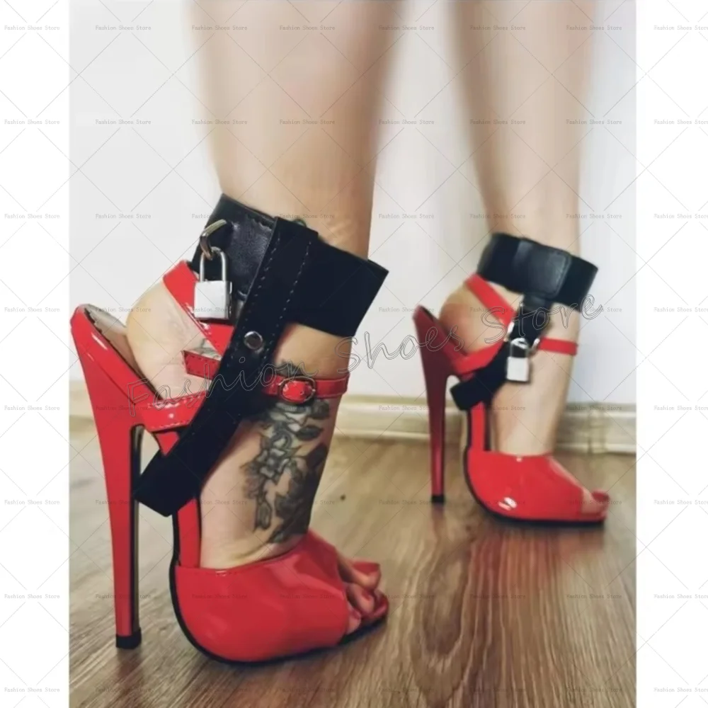 

Red Peep Toe Ankle Strap Sandals Patent leather Thin High Heels High Heel Shoes for Women Heels 2025 New Zapatos Para Mujere