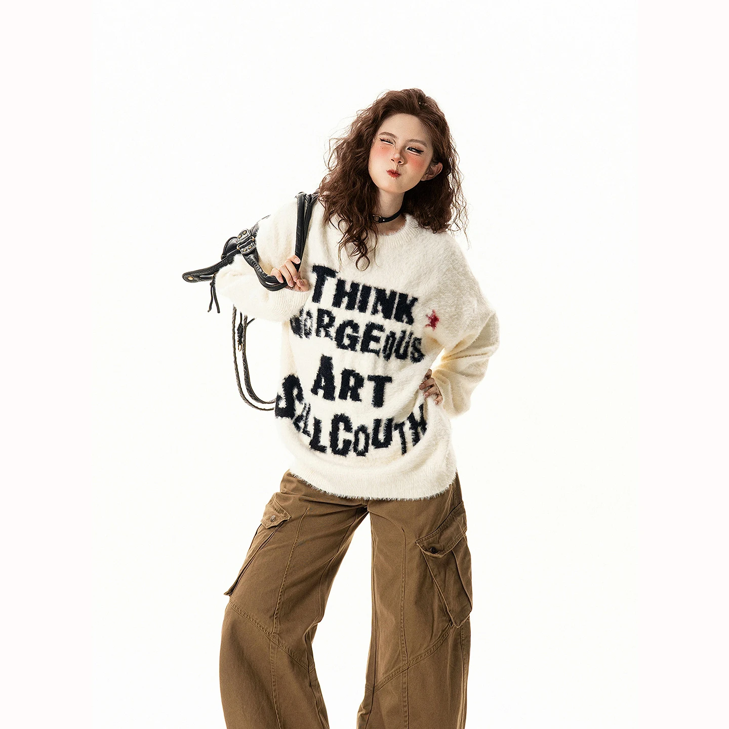 

American Retro Letter Lazy round Ne Sweater Men's Loose Soft Cozy Overhead Knittedwear Autumn Winter New Sle Outerwear