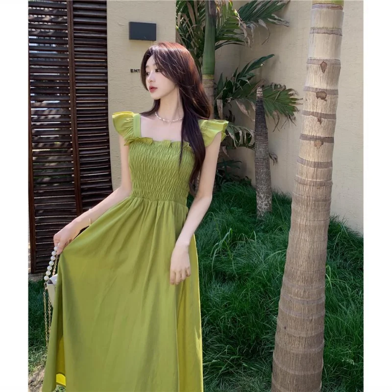 

Temperament Pleated Slim Midi Dress Summer New Solid Color Short Sleeve Loose Sweet Elegant Dress Fashion Korean Women Clothing