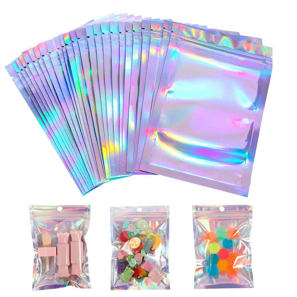 

50pcs/lot Holographic Color Thicken Ziplock Bags Resealable Opp Bags Plastic Pouch for Jewelry Packaging Storage Bag Retail Bag