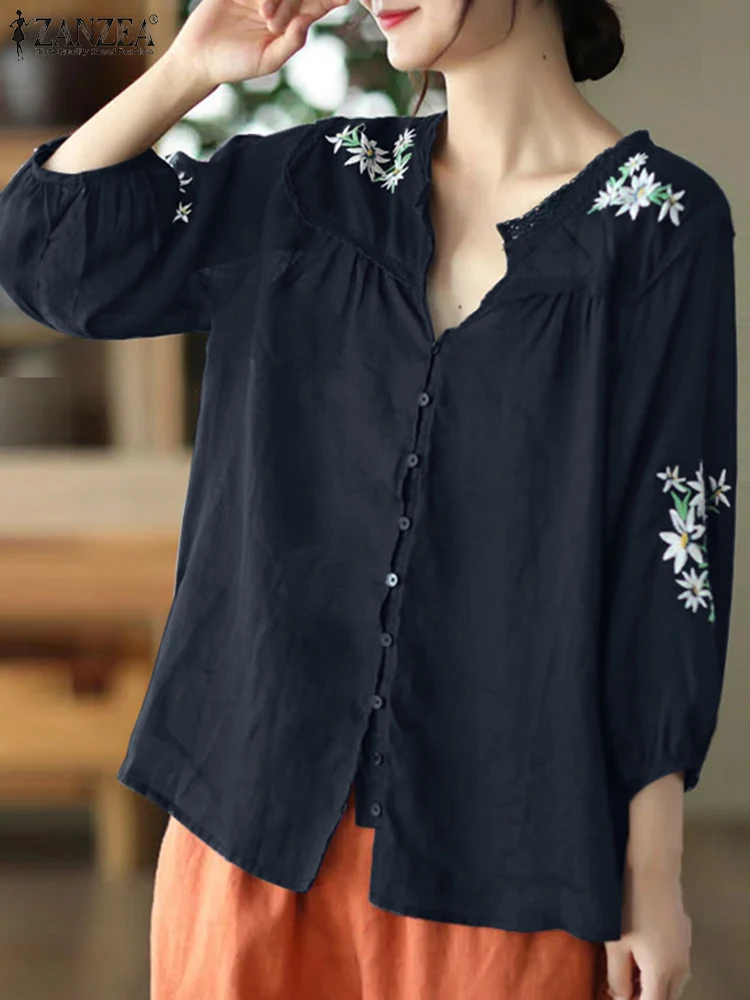 ZANZEA Camicie in cotone vintage Donna Ricamo Top Manica a 3/4 Lanterna Blusas 2025 Bottoni Scollo a V Casual OL Tuniche da lavoro Oversize