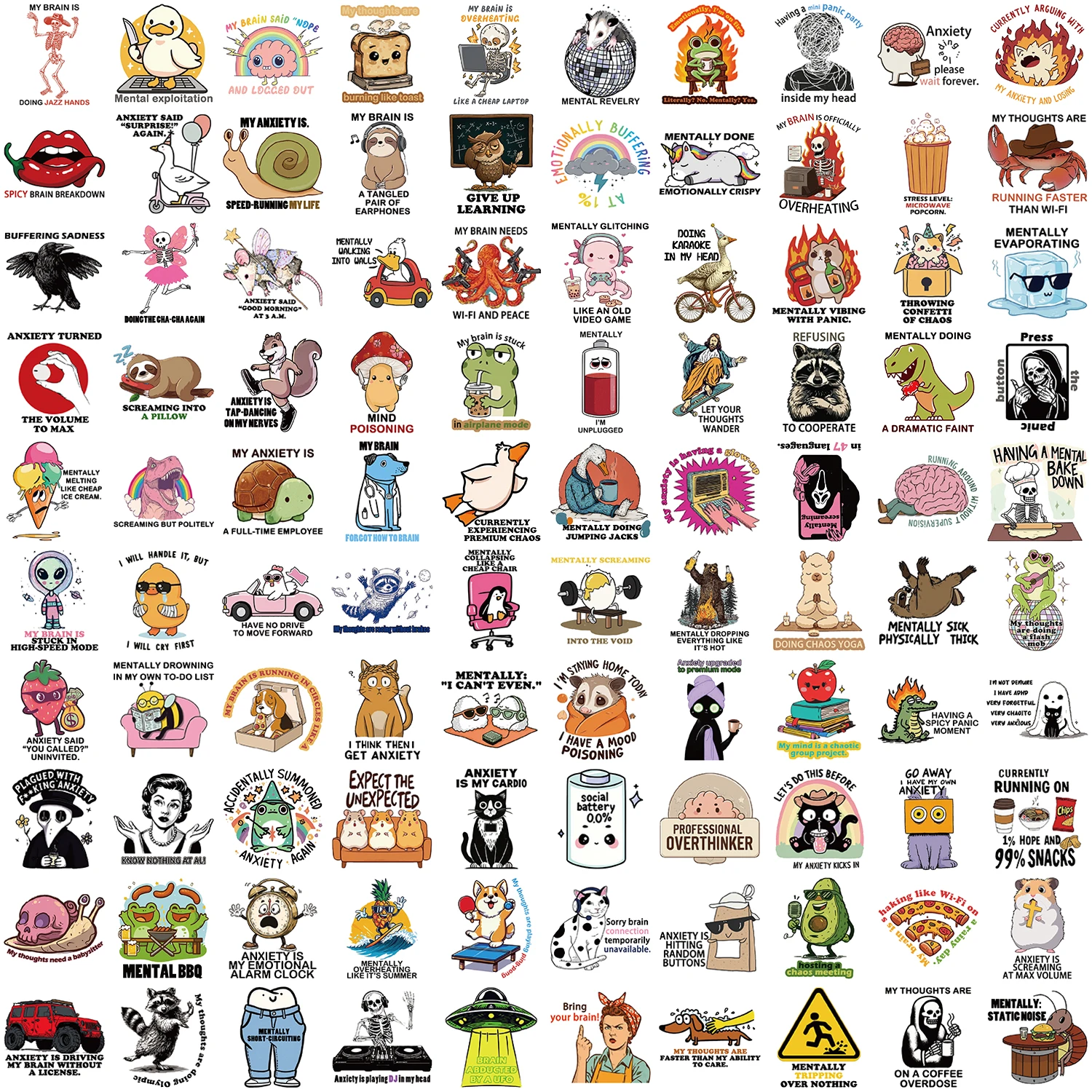 100 PCS Funny Cartoon Mental Breakdown Graffiti Stickers Humorous Meme Pattern Waterproof Vinyl Decals for Guitar  Laptop