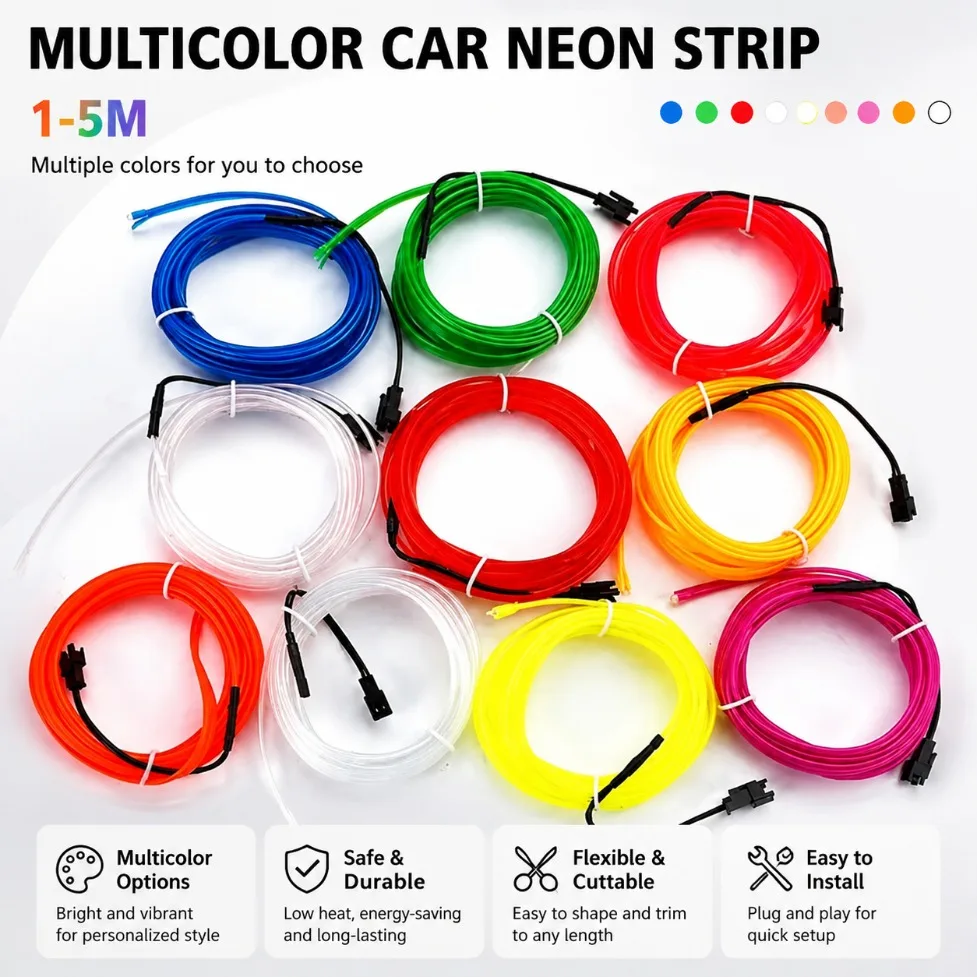 1M/2M/3M/4M/5M Car Interior Flexible EL Wire LED Neon Strip Light Multicolor DIY Atmosphere Lamp for Auto Party Decor Light