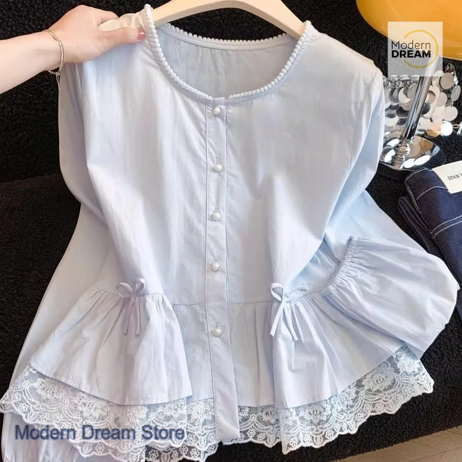

Korean-style sweet age-reducing lace hem bubble sleeve shirt women's spring and summer new fashion ruffled skirt blouse shirts