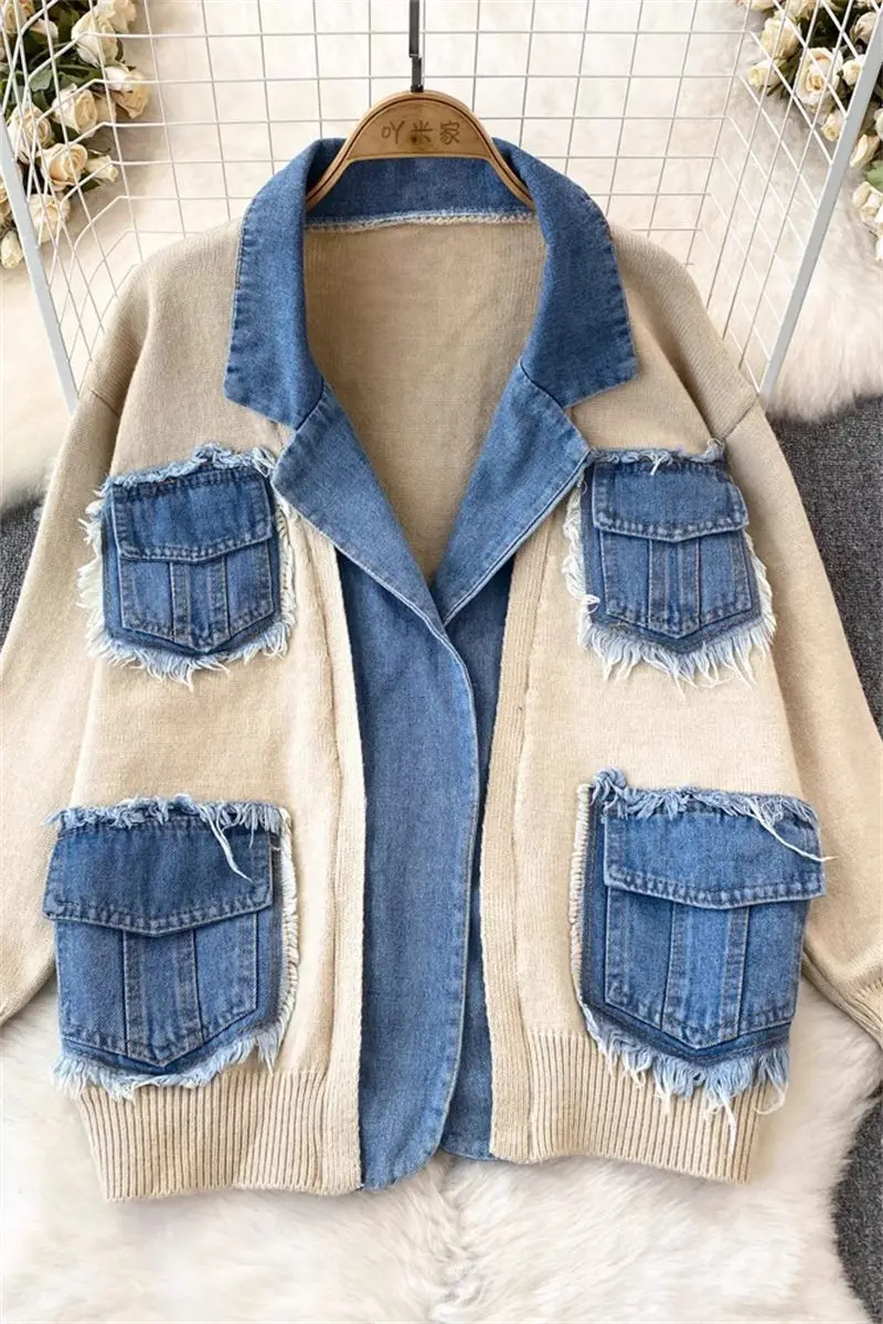 2023 Fashion Personalized Knitted Patchwork Denim Jacket Women\'s Autumn Winter Loose Lazy Style Sweater Blazer Cardigan Z4088