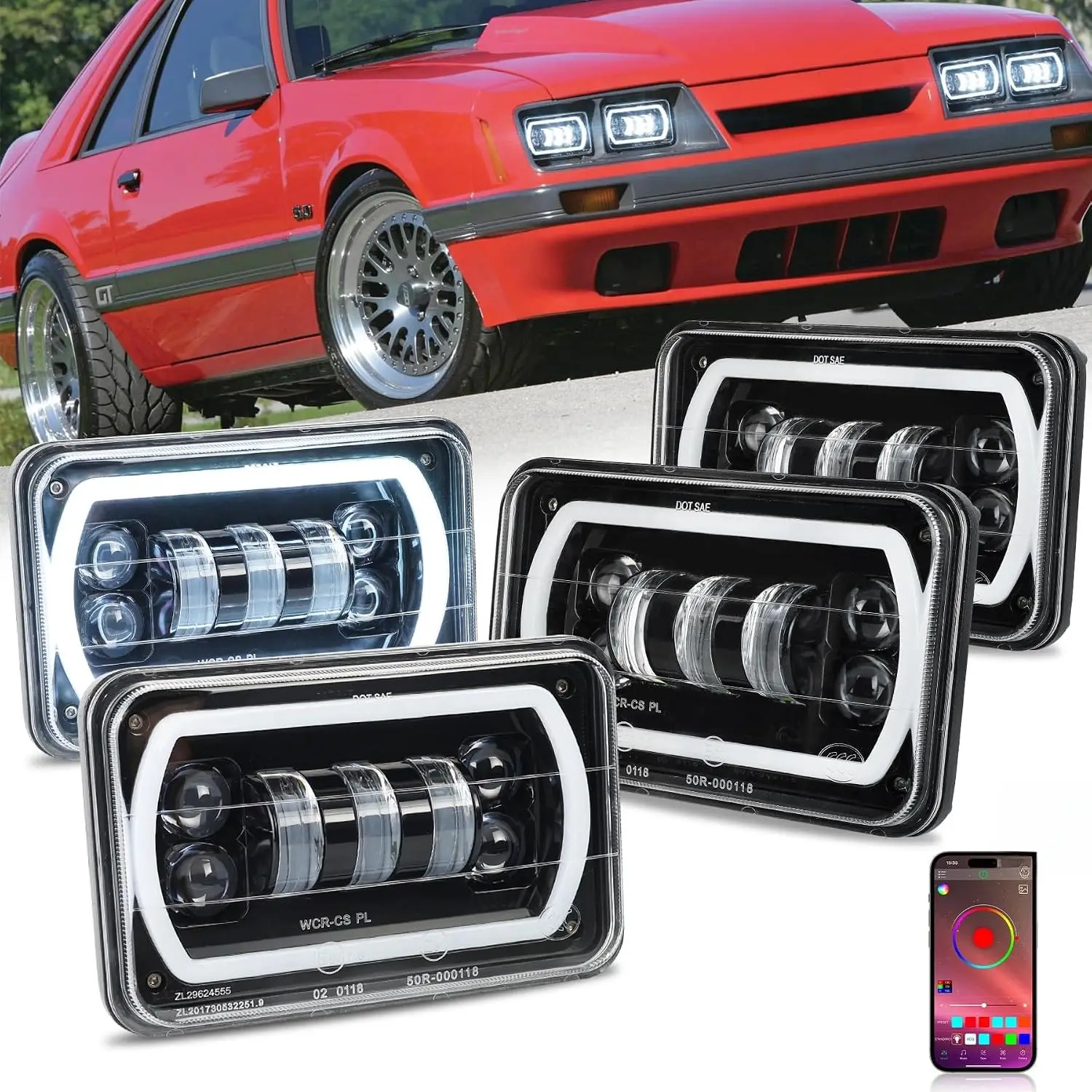 POVTOR 4x6 LED Headlights with Multiple Color Halo with Hi/Lo Beam App Control DIY Color IP67 for Kenworth Petebilt Oldsmobile