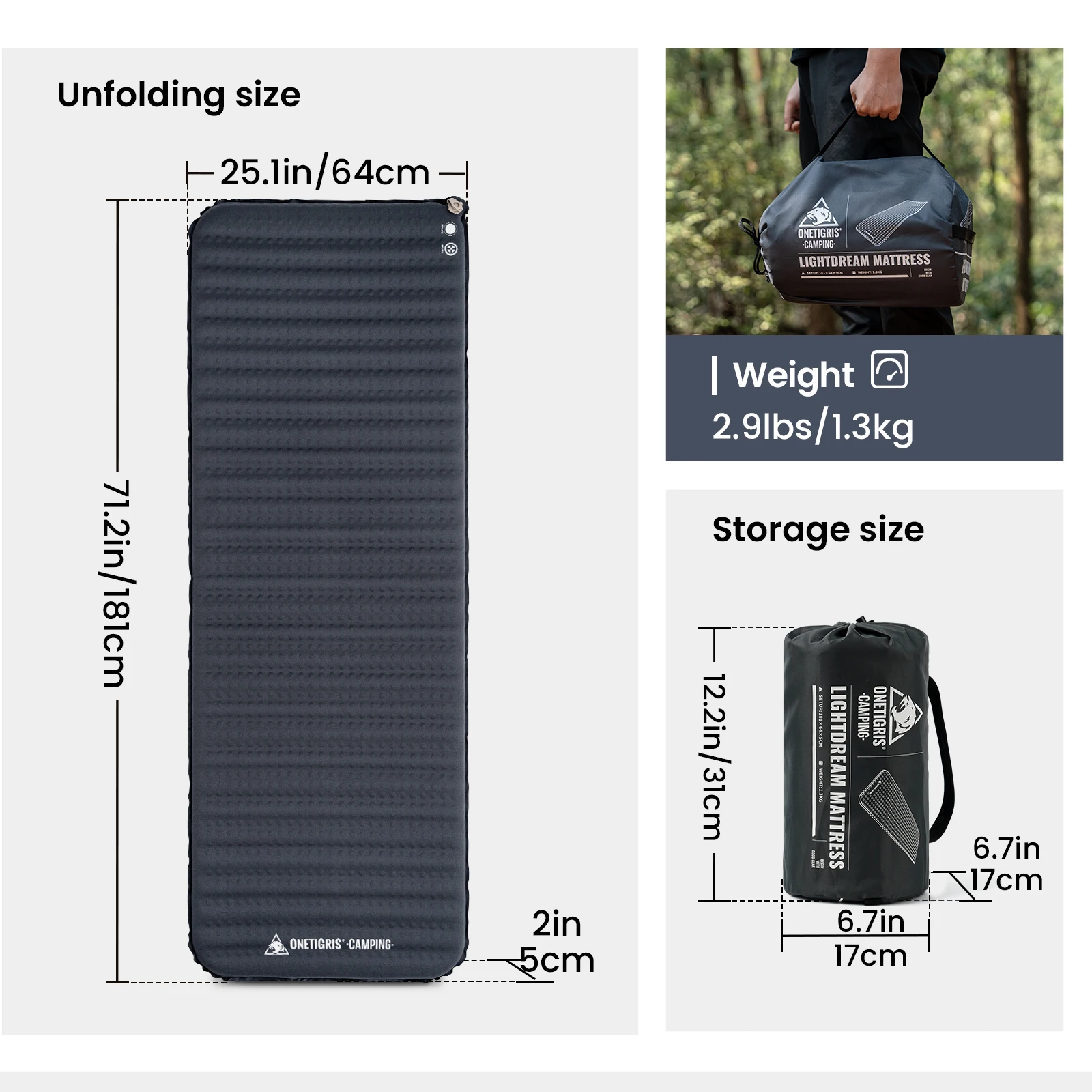 Onetigris LIGHTDREAM Camping Mattress Lightweight Self-inflating Mats Sleeping Pads for Backpacking Hiking Car Trips Travels