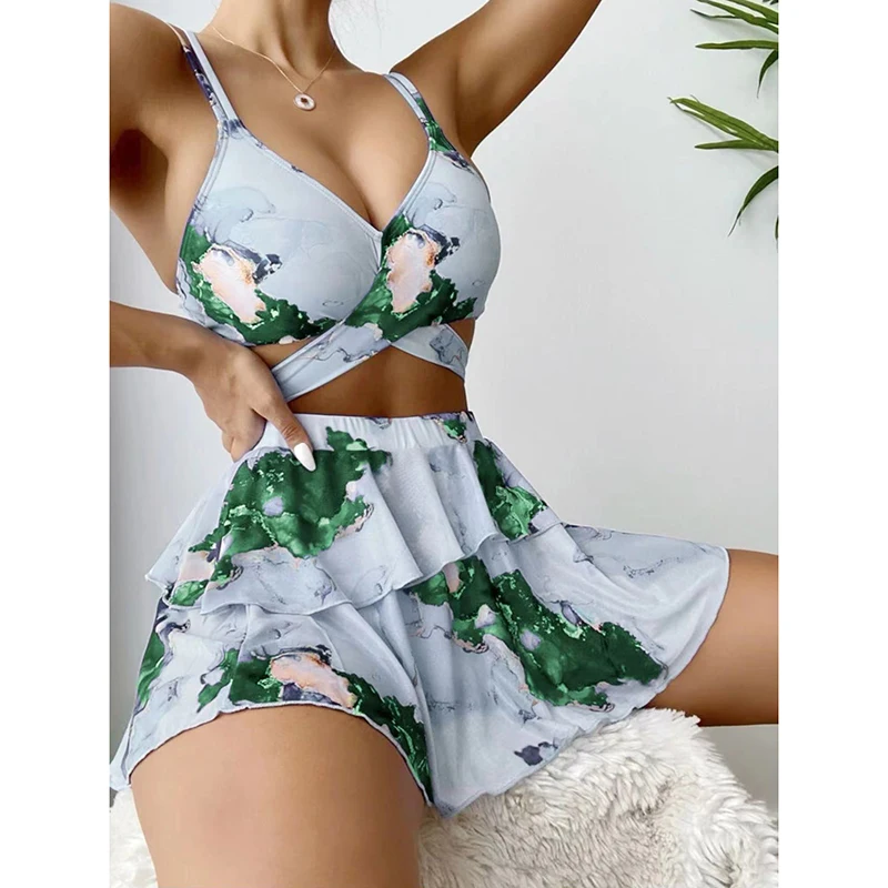 Conjunto de Bikini Sexy de verano para mujer, falda para la playa estampada con estilo, traje de baño elegante de tres piezas, traje de baño para vacaciones y resort