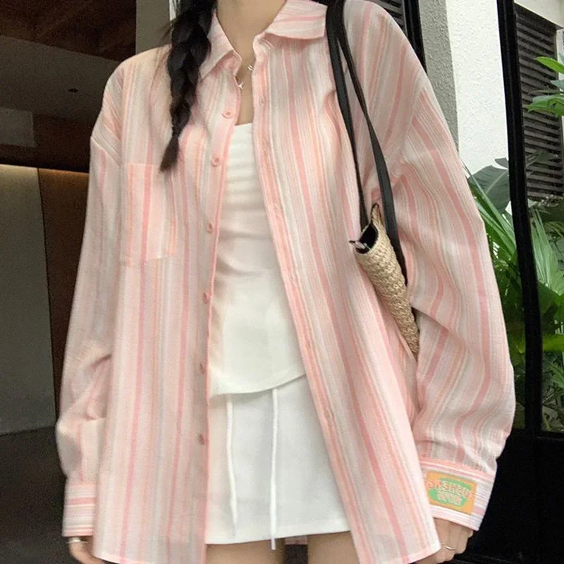 Striped Office Lady Shirts Ladies Casual Long Sleeve Tops Spring Autumn Loose Women's Clothing Turn-down Collar Interior Z374