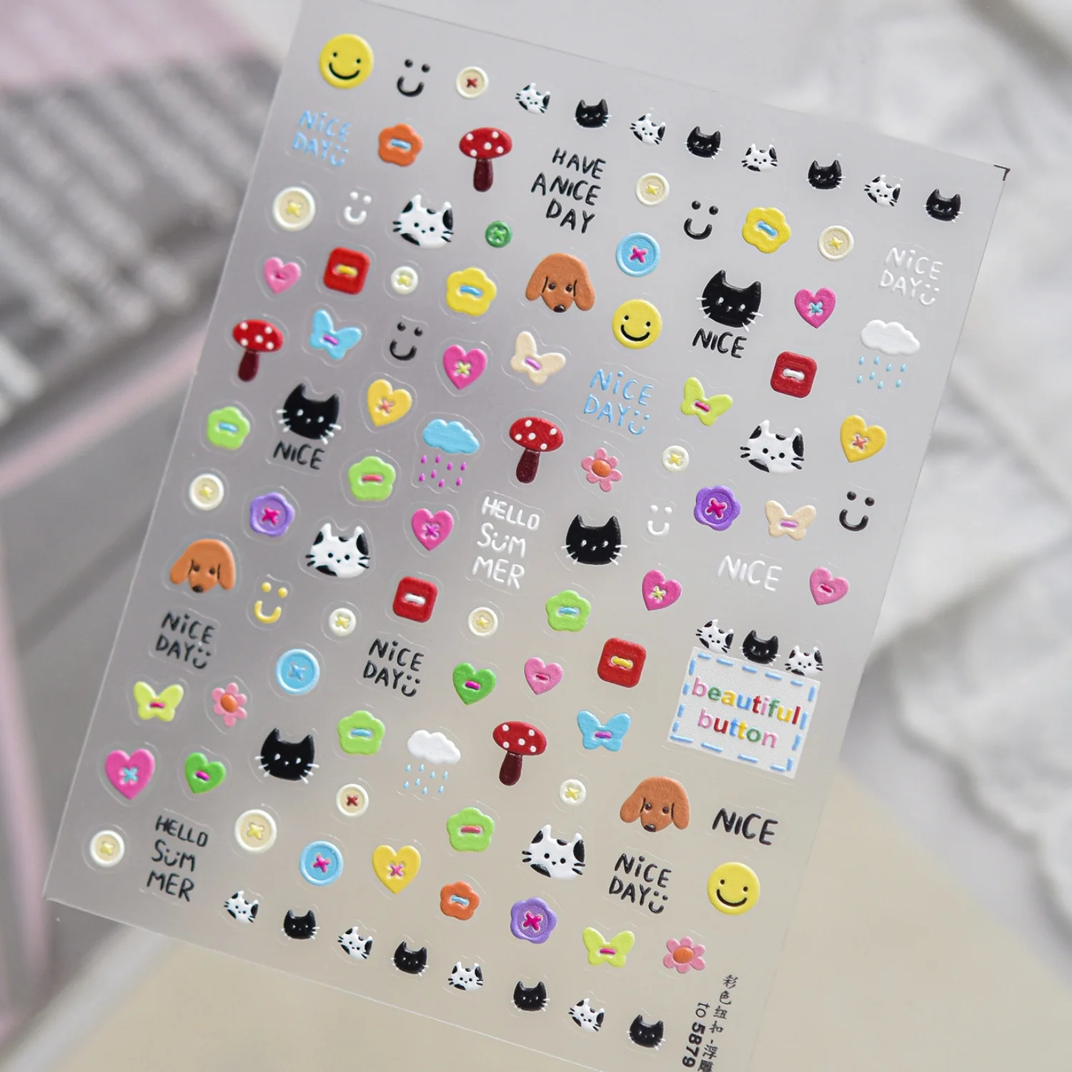 Fresh Cute Nail Decals 5D Multicolor Emoji Black Cat Dog Mushroom Heart Ribbon Bow Cloud Rain Nail Stickers Manicure Accessorie