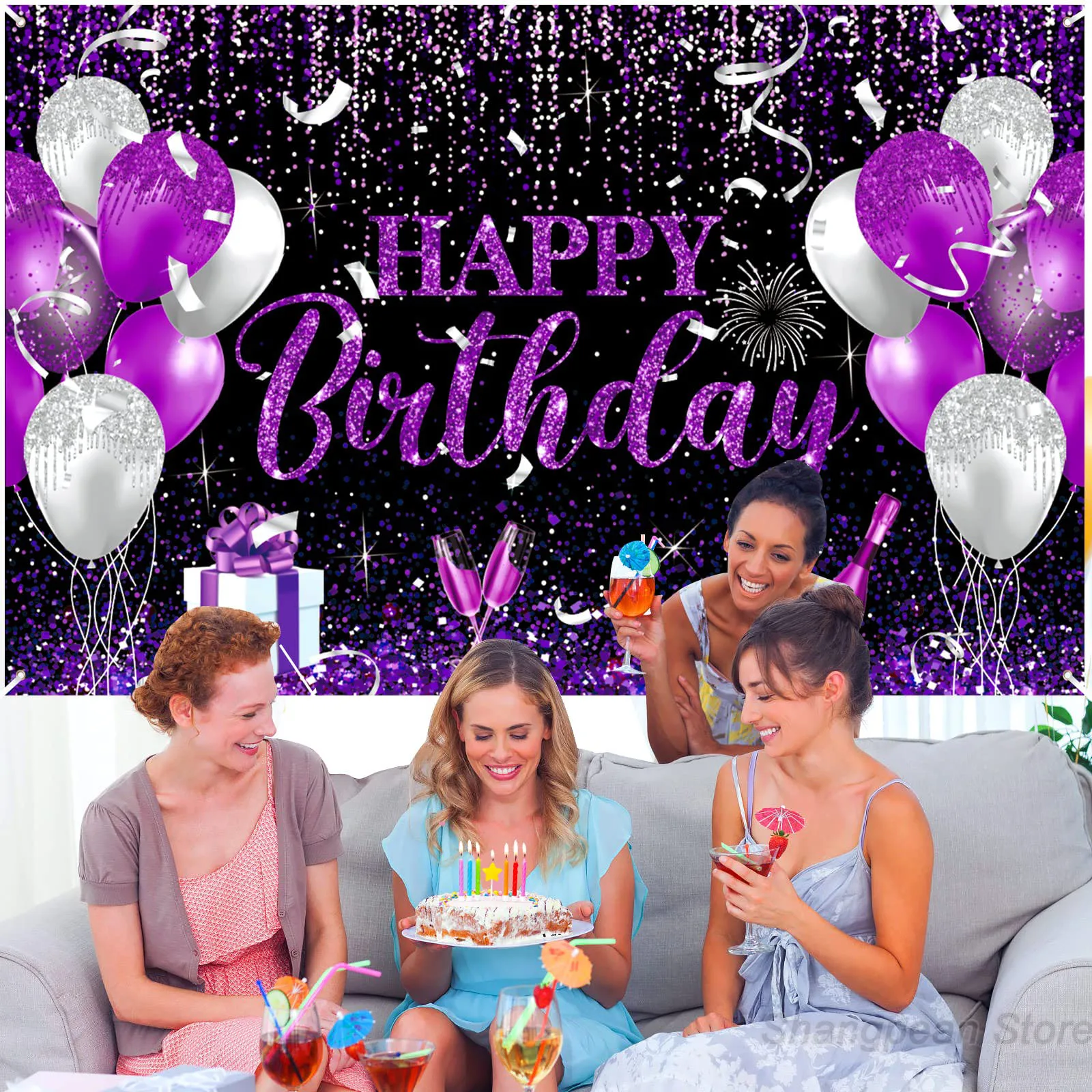 Birthday Decoration Banner Large Happy Birthday Banner for Women Men Purple Black Birthday Theme Party Backdrop for Birthday