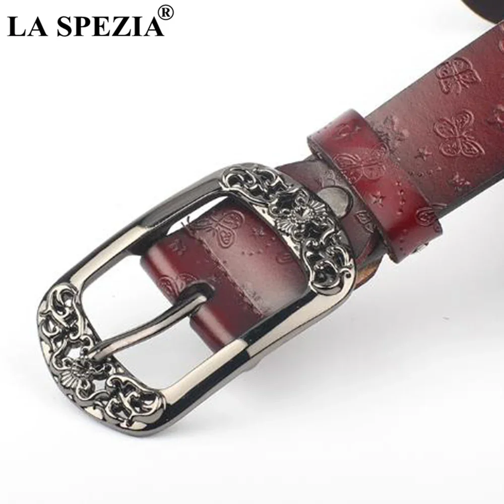 LA SPEZIA حزام أسود للنساء الجلد الحقيقي دبوس مشبك أحزمة خمر الإناث جلد البقر الحقيقي تنقش السيدات حزام خصر 110 سنتيمتر