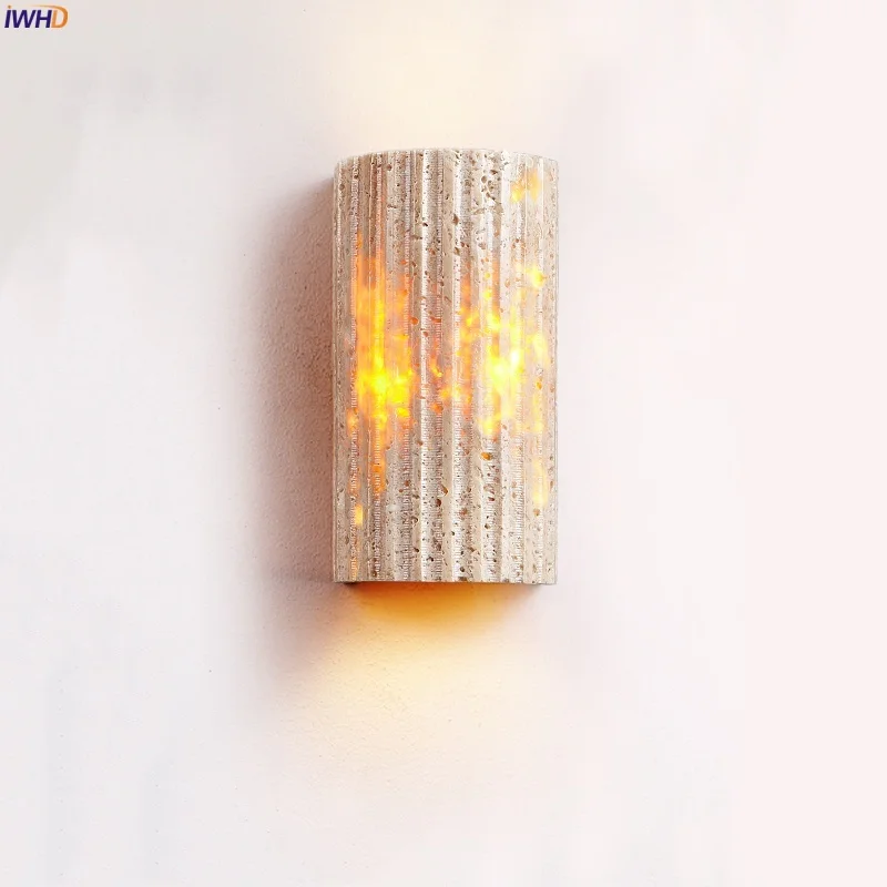 

IWHD Striped Stone LED Wall Lights For Living Room Mirror Home Lighting Yellow Travertine Japan Vintage Bedside Lamp Arandela