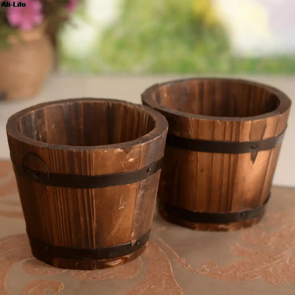 Maceta de flores de barril pequeño de madera, Decoración Retro del hogar, Cubo de madera redondo, macetas de flores