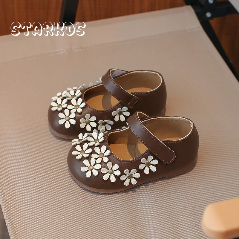Fairy-tale Flower Studs Leather Ballet Flat Kid Girl Pink White Floral Mary Jane Shoes Baby Child Brand Design Spring Dress Shoe