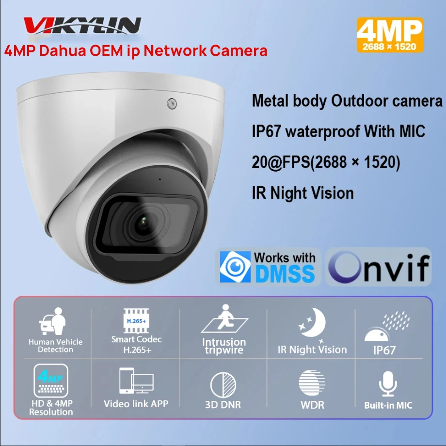 Vikylin 4MP Starlight IR WizSense Network IP Camera Built-in Mic SD Card SMD 4.0 Perimeter Protection Video Surveillance IP67