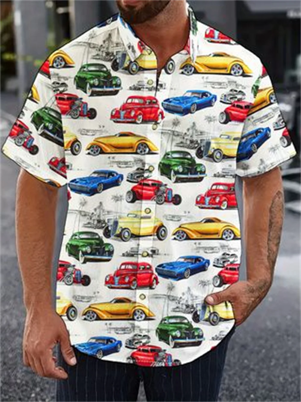 Chemise hawaïenne à manches courtes pour hommes, haut décontracté, impression de voiture 3D, mode estivale