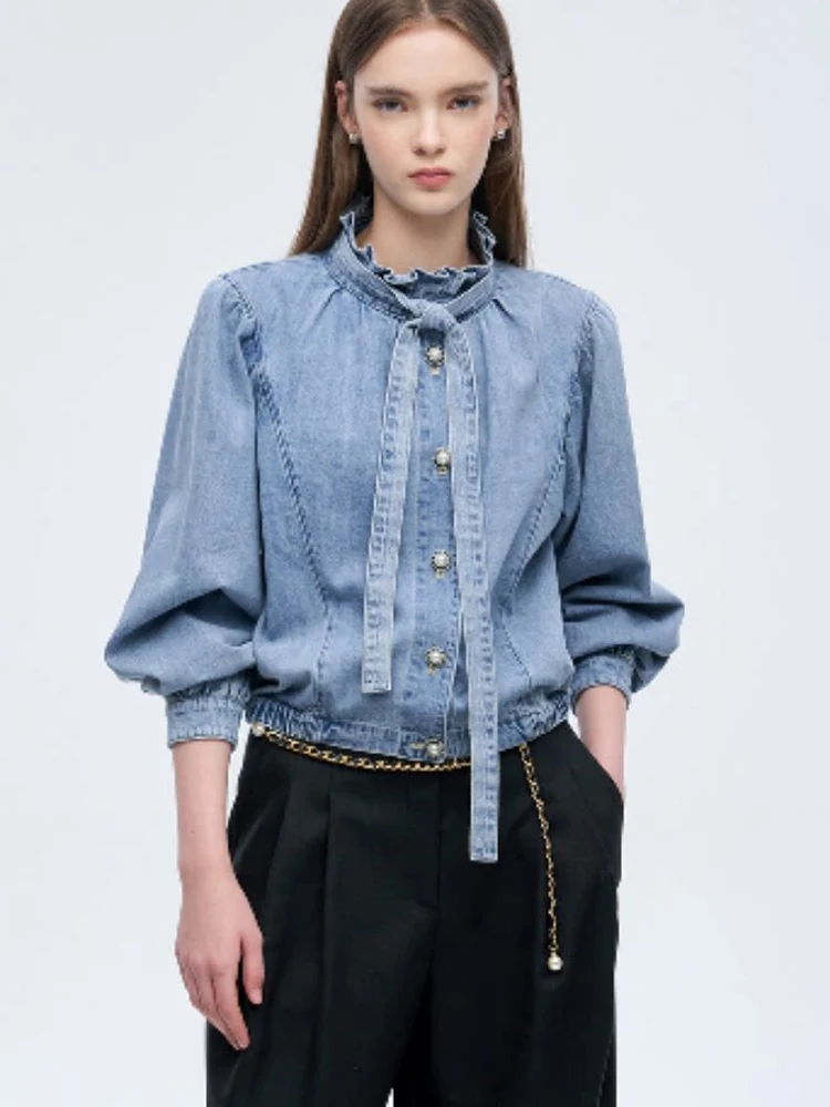 

Повседневная свободная хлопковая джинсовая рубашка с воротником-стойкой и поясом, стройнящая, женская, модная, летняя 2026, для повседневной носки, универсальная, удобная рубашка