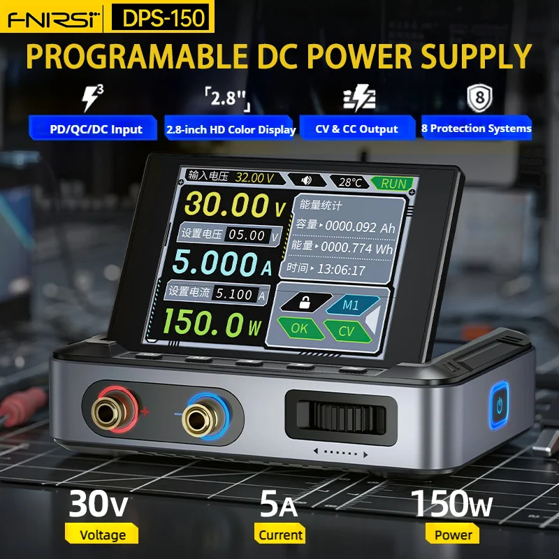 FNIRSI DPS150 Alimentatore CC da laboratorio portatile 30V 5A 150W Regolatore di tensione regolabile Commutazione da banco PD QC Programmabile CNC