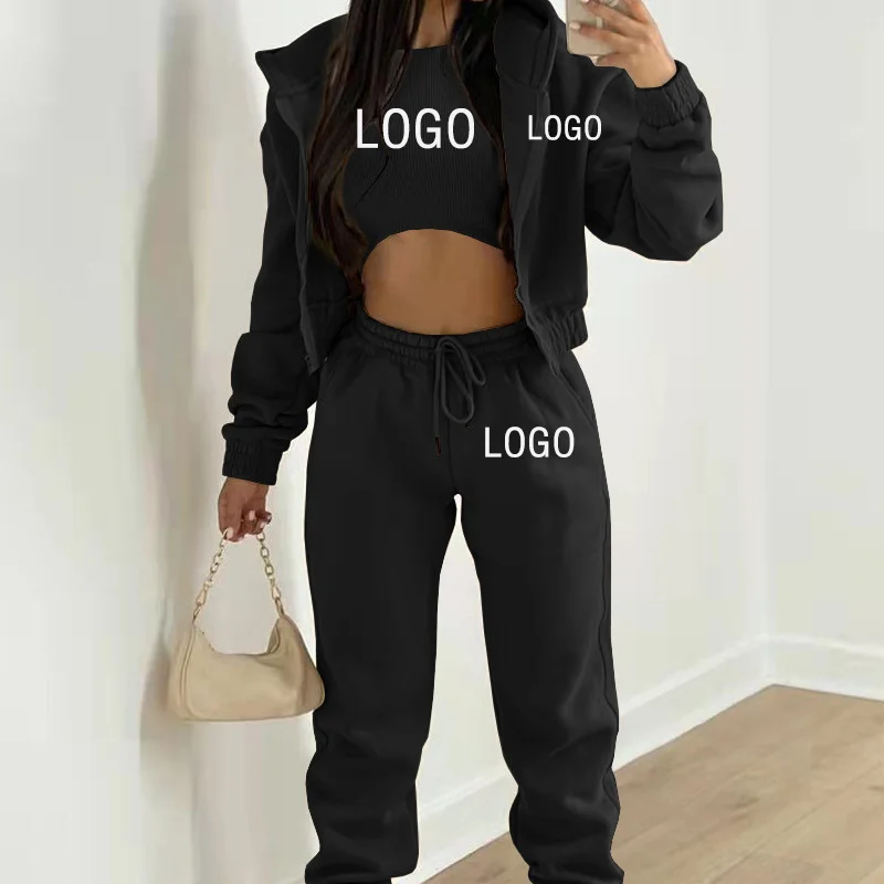 Survêtement décontracté avec logo personnalisé pour femme, sweat à capuche et pantalon de survêtement, jogging féminin imbibé, printemps, automne, ensemble 3 pièces