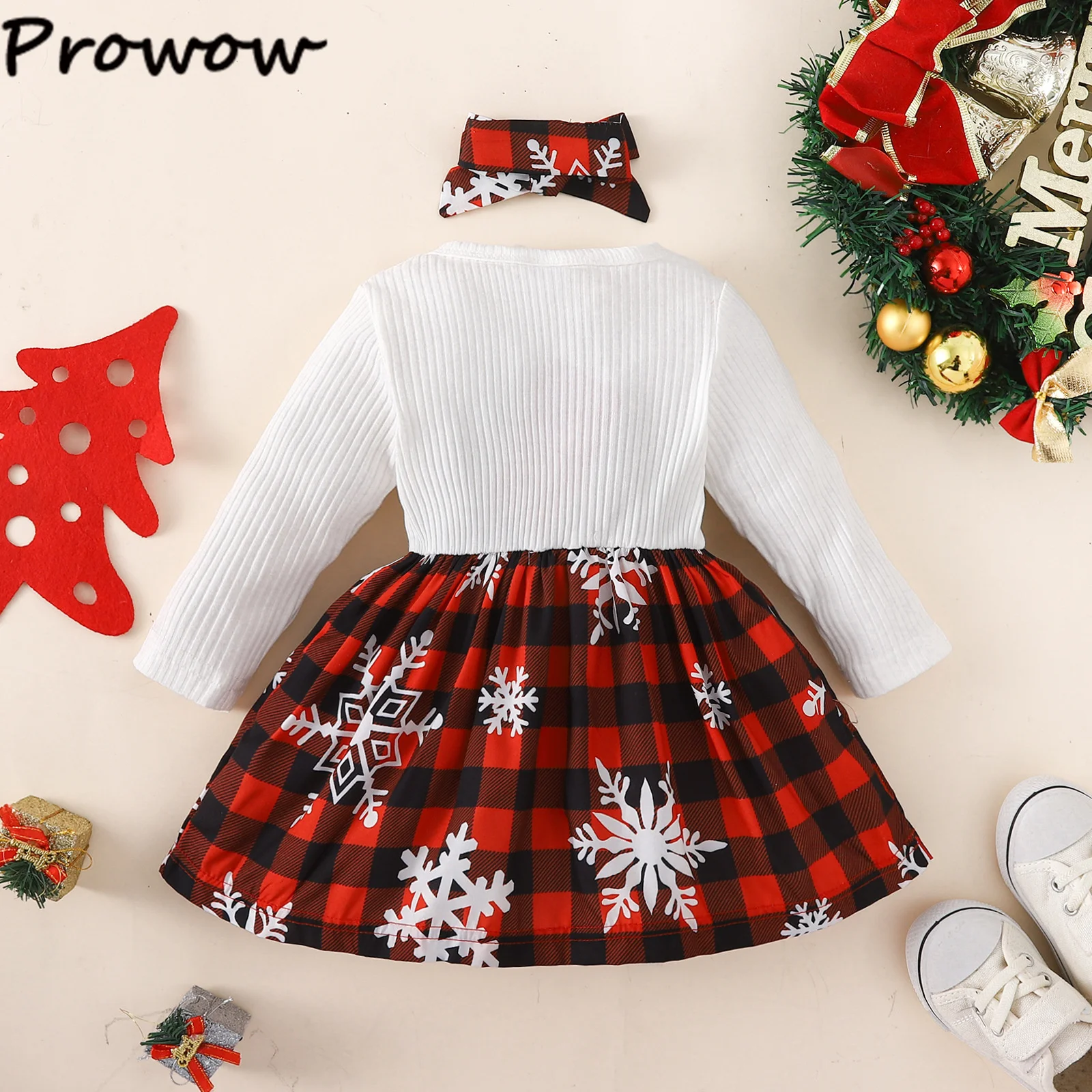 Prowow Baby Christmas Dresses 2025 Long Sleeve Big Bow Plaid Party Dress For Newborns Infants My First New Year Baby Clothes