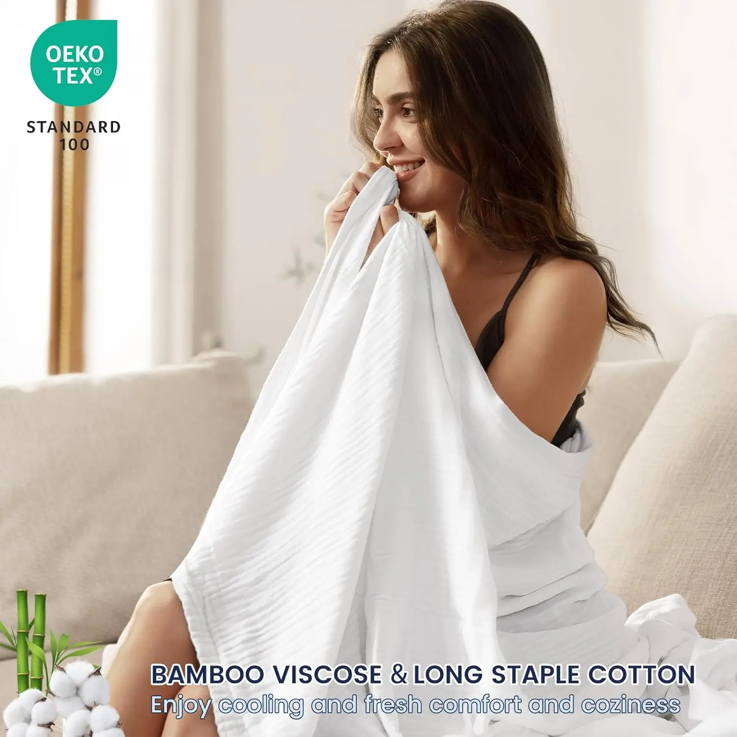 Cooling Muslin King Blanket for Hot Sleepers, 60% Rayon from Bamboo 40% Cotton, 4-Layer Gauze, 108"x90", White - view 2