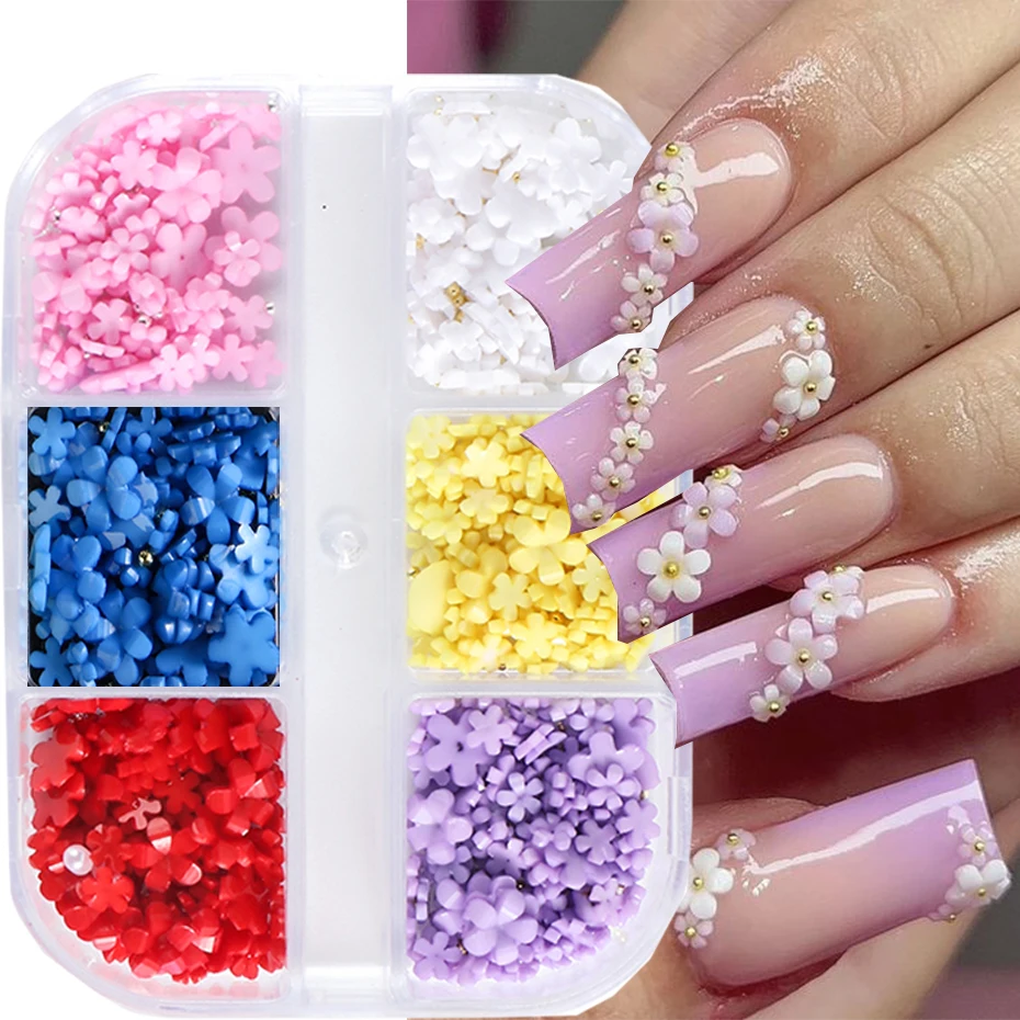 6 Grids Macaron 3D Resin Five-petal Flowers Nail Art Deaoration Mixed Small Nail Ball/Crystal/Flamer Accessories