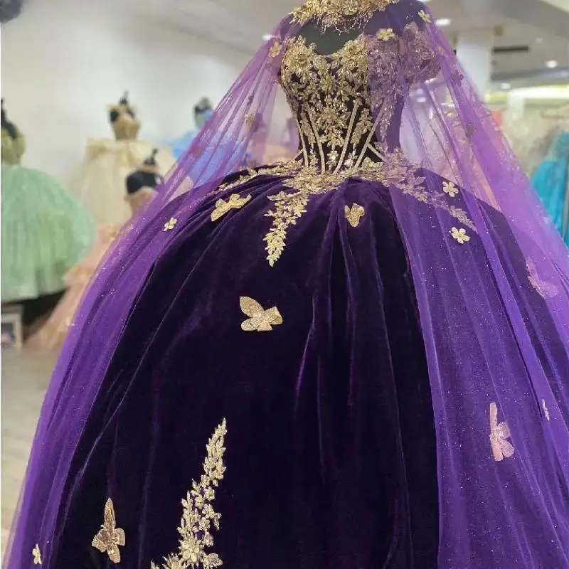 Vestidos de quinceañera morados únicos, vestido de baile 2025, capa para fiesta de graduación de cumpleaños, apliques de capas sin espalda, dulce personalizado