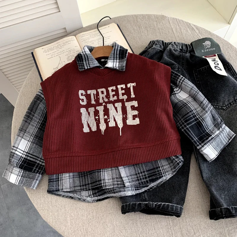 

Детский топ на весну и осень, новый стиль, жилет в стиле вестерн, рубашка, комплект из двух предметов, модный повседневный стиль, повседневный, универсальный