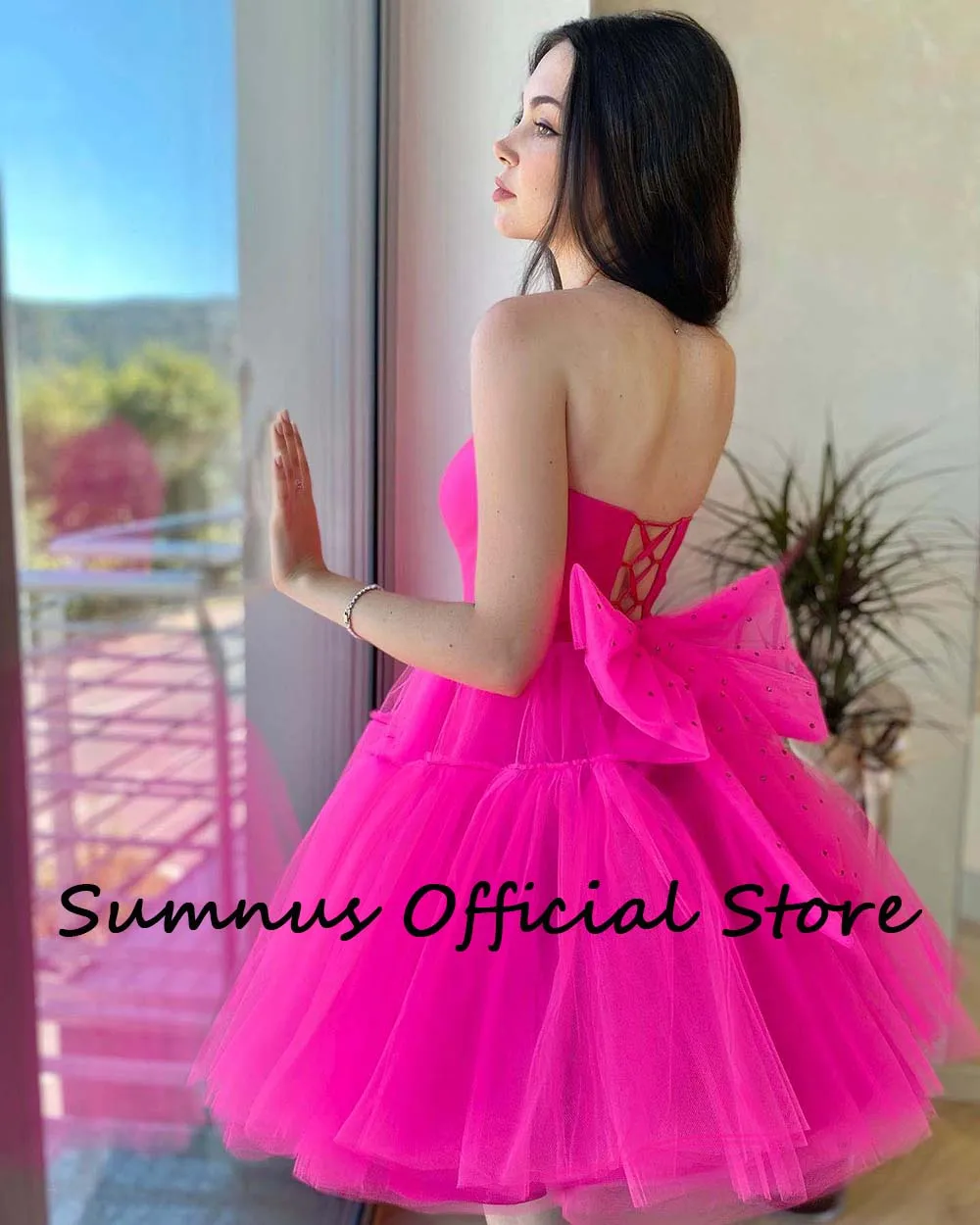 Sumnus Hot Pink Tulle Strapless Party Dresses With Bow High Low Tiered Long Train Homecoming Prom Dress 2024 Event Gowns