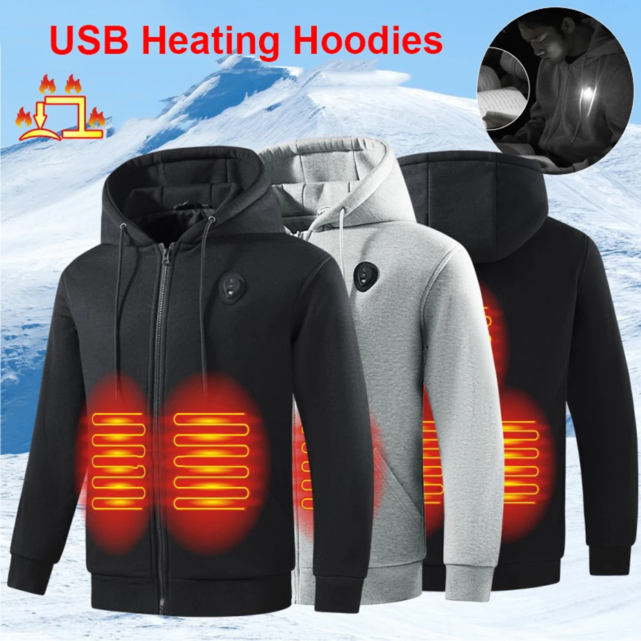 

USB Heating Hoodie Jacket Men 5 Zones Electric Heated Hoodies Autumn Winter Warm Zippered Hoodie Male Big Size 5XL