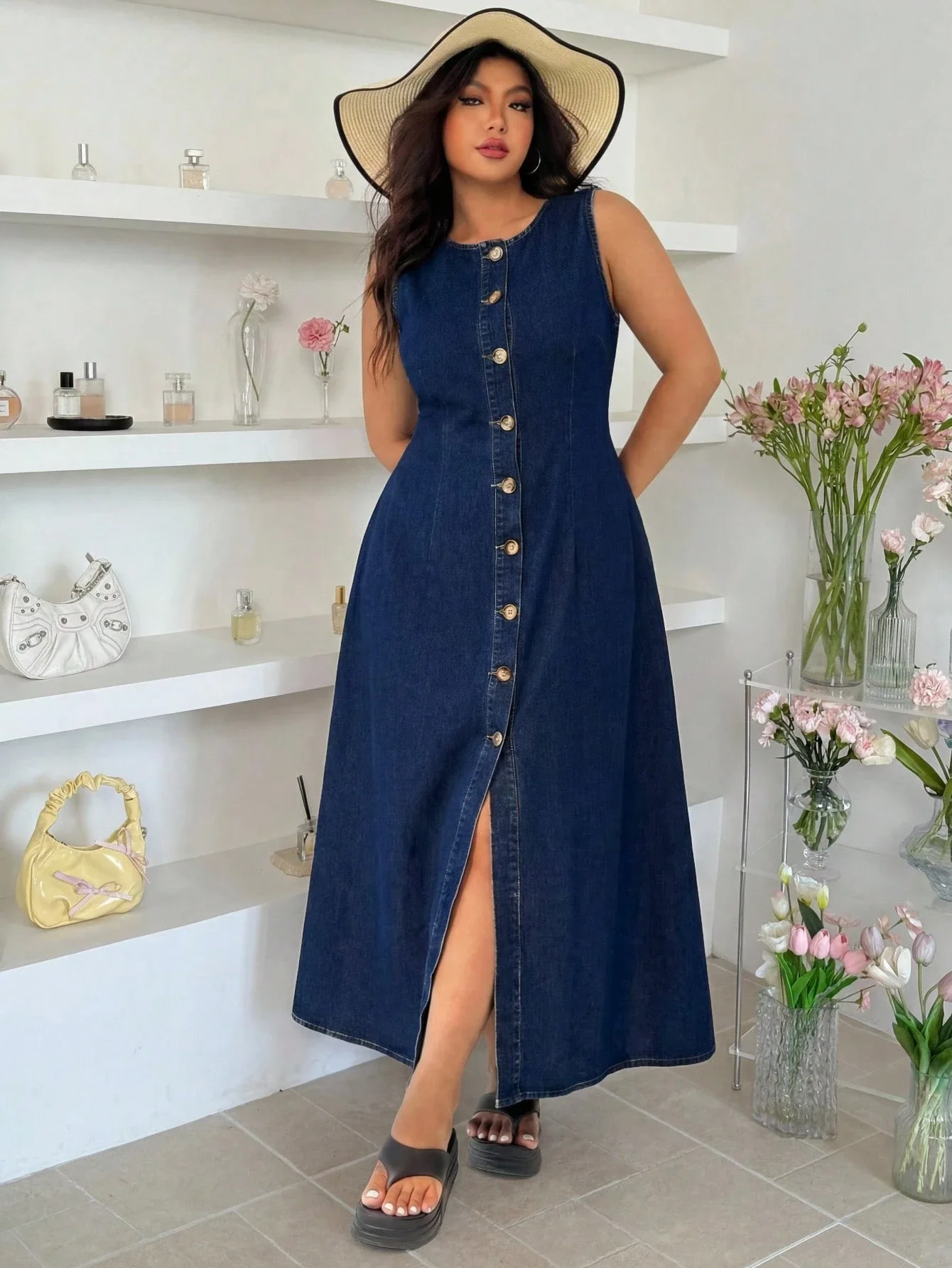 

Plus Size Women Denim Maxi Dress With Button Front And Slit
