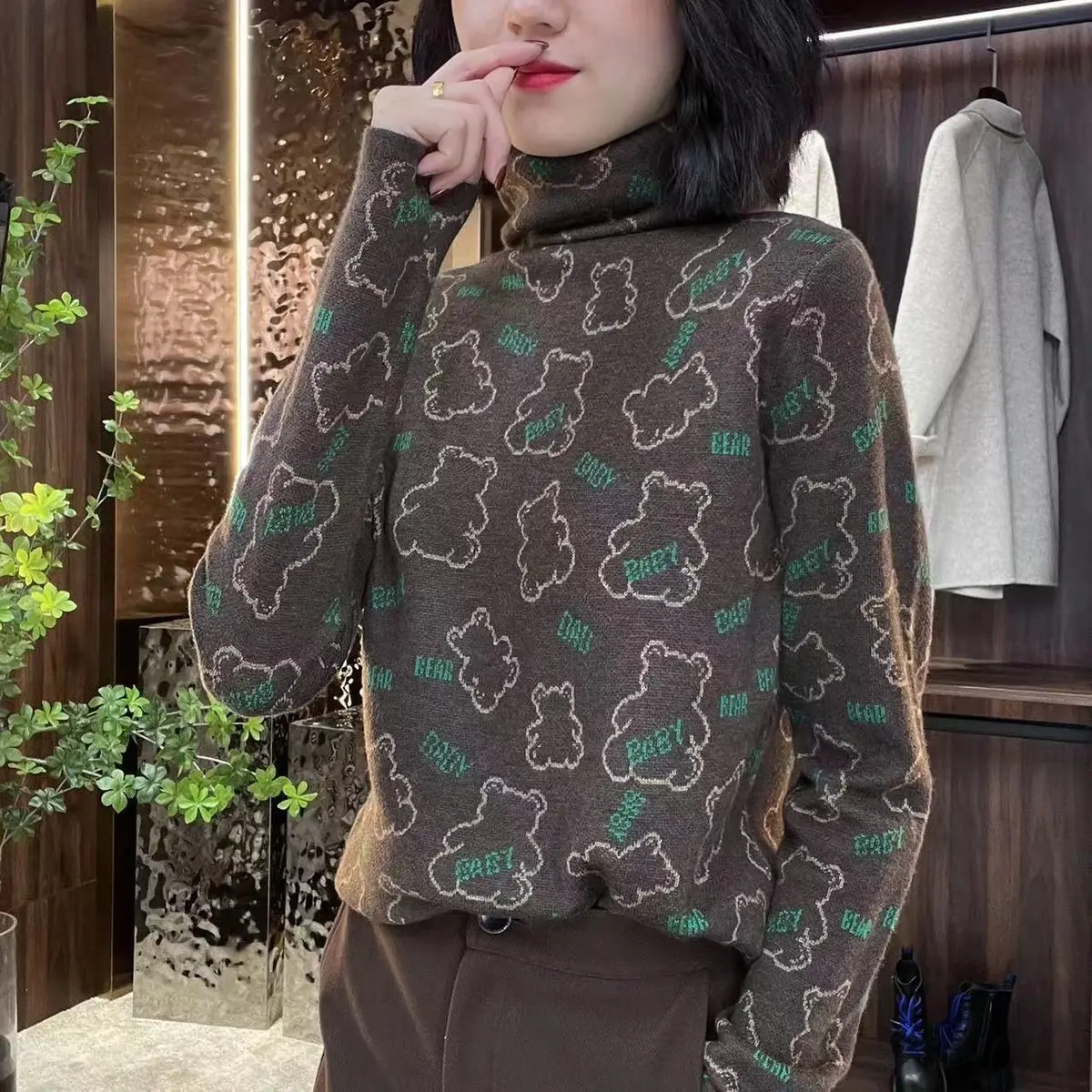 

Autumn Winter New High-End Versatile Bear Ne High Collar Base irt Warmth Heating Fiber Cartoon Commute Sle Long Sl...