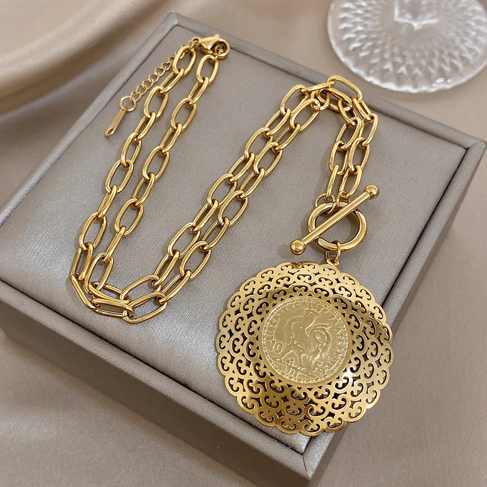 Collares con Hebilla Redonda Retro Greatera con Grabado de Gallo, Estilo Nuevo 2026, Joyería de Acero Inoxidable con Dije, Regalos para Hombres y Mujeres