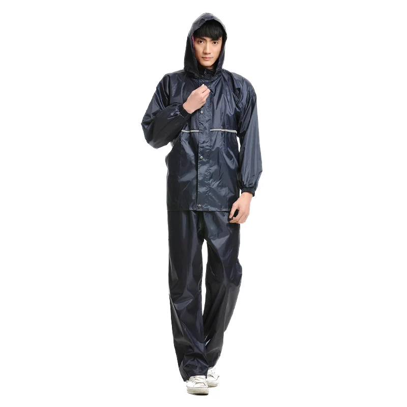 Rain Suit Waterproof 2 Piece Navy Blue Jacket and Pants Reflective Stand Collar Snap Buttons Rain Gear Men