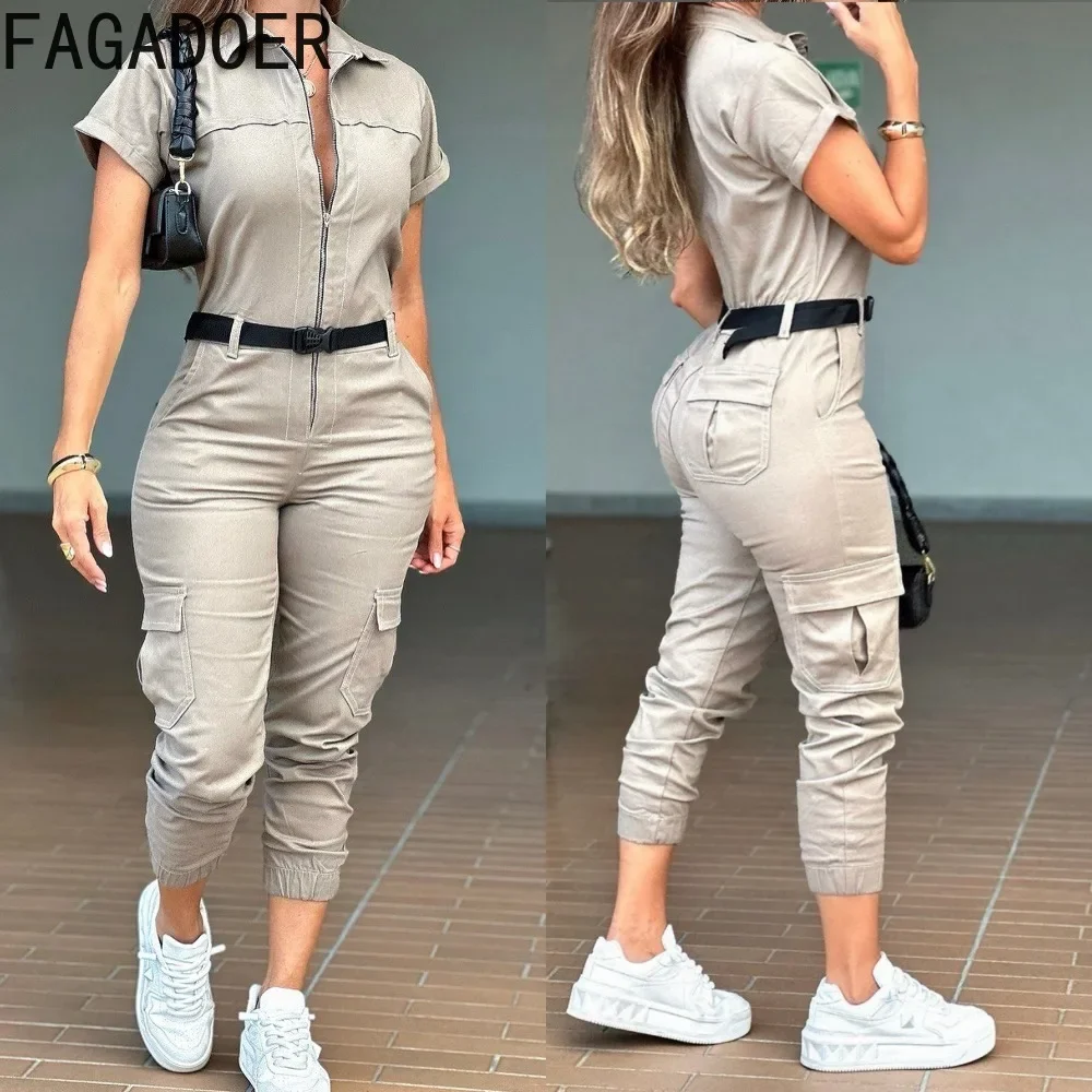 

FAGADOER Casual Solid Jumpsuit Women Lapel Zip Cargo Pocket High Waist One Piece Overalls Fashion Tie-up Streetwear Clothing