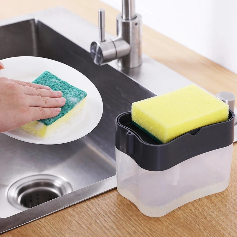 2 in 1 With Sponge Scrubbing Liquid Detergent Dispenser Press-type Liquid Soap Box Pump Organizer Kitchen Tool Bathroom Supplies