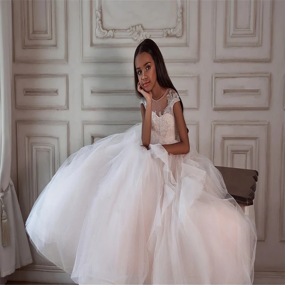 Flower Girl Dress White Puffy Tulle  Children Wedding Party Gown First Communion Present Birthday Formal Dress