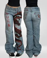 Y2K-pantalones vaqueros de cintura alta con grafiti de dragón para mujer, pantalones vaqueros con caracteres chinos, ropa informal estilo Hip hop, pantalones con diseño de pierna ancha
